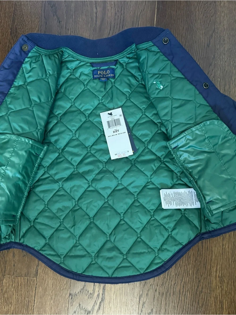 Ralph Lauren Navy Quilted Puffer Jacket with Green Trim